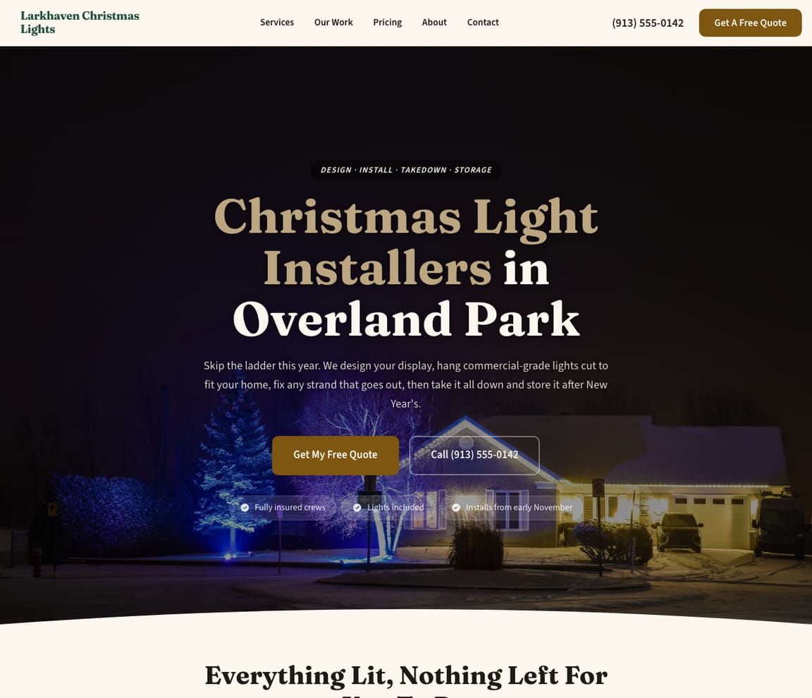 Home page of the Classic Christmas Lights website template, with the headline “Christmas Light Installers in Overland Park”