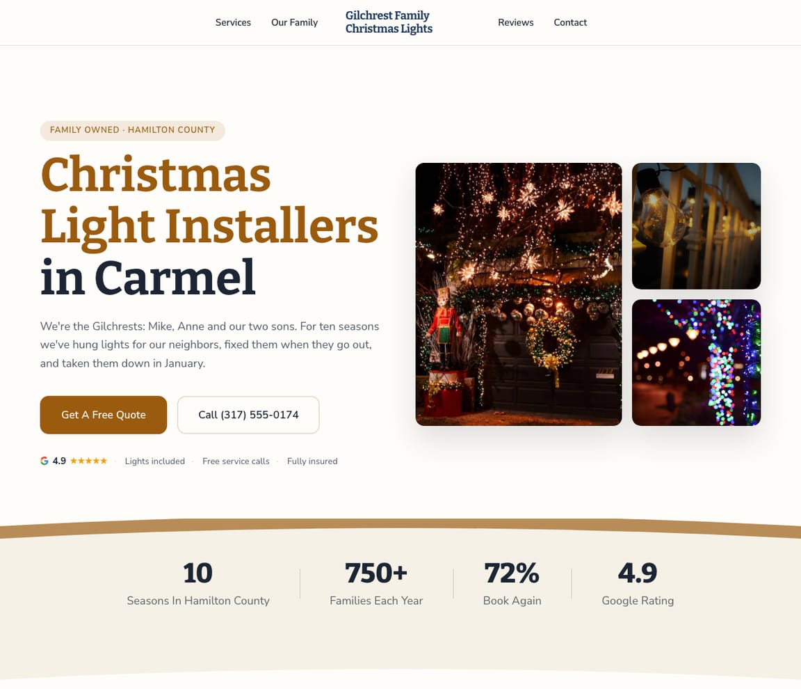 Home page of the Family Christmas Lights website template, with the headline “Christmas Light Installers in Carmel”
