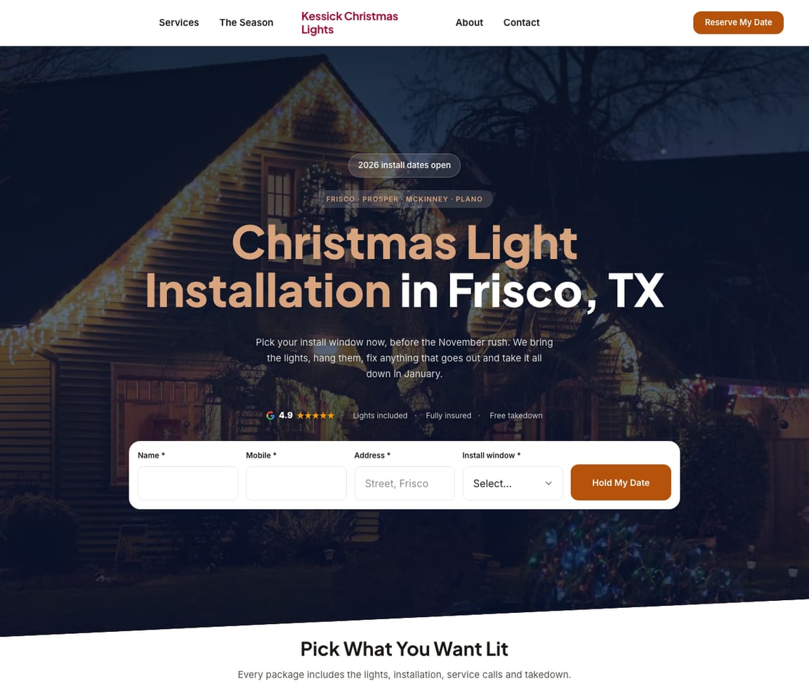 Home page of the Modern Christmas Lights website template, with the headline “Christmas Light Installation in Frisco, TX”