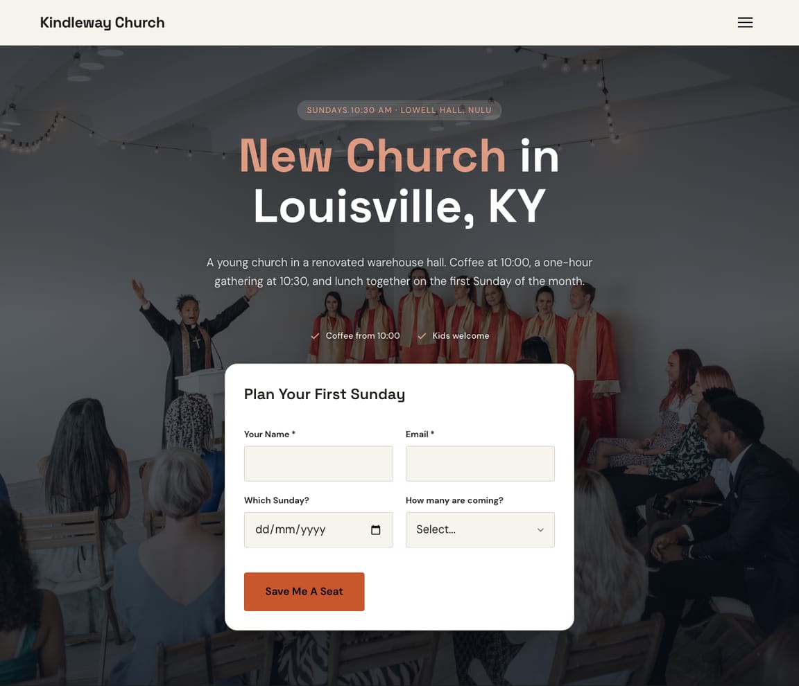 Home page of the Church Plant website template, with the headline “New Church in Louisville, KY”