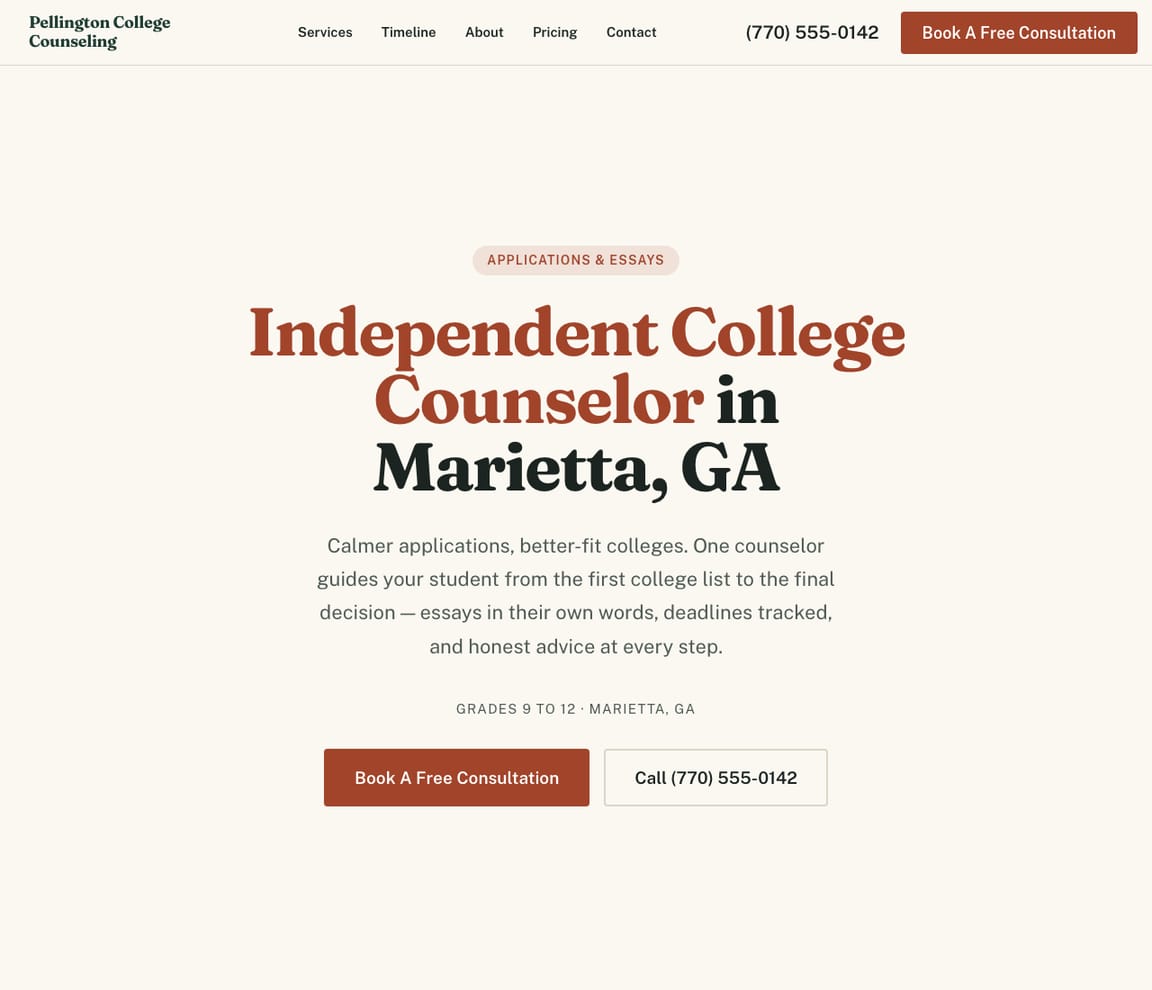 Home page of the Independent College Counselor website template