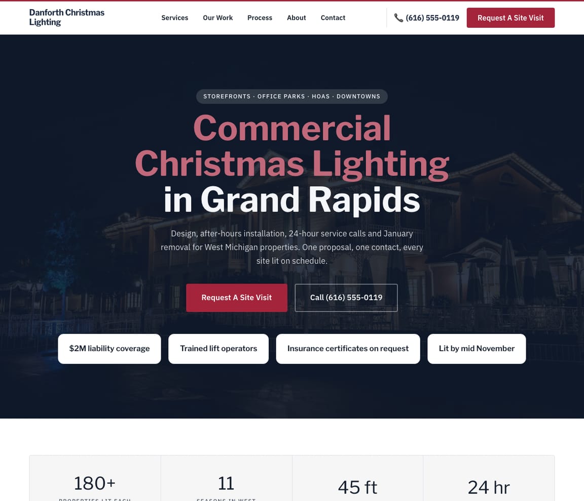 Home page of the Commercial Christmas Lighting website template