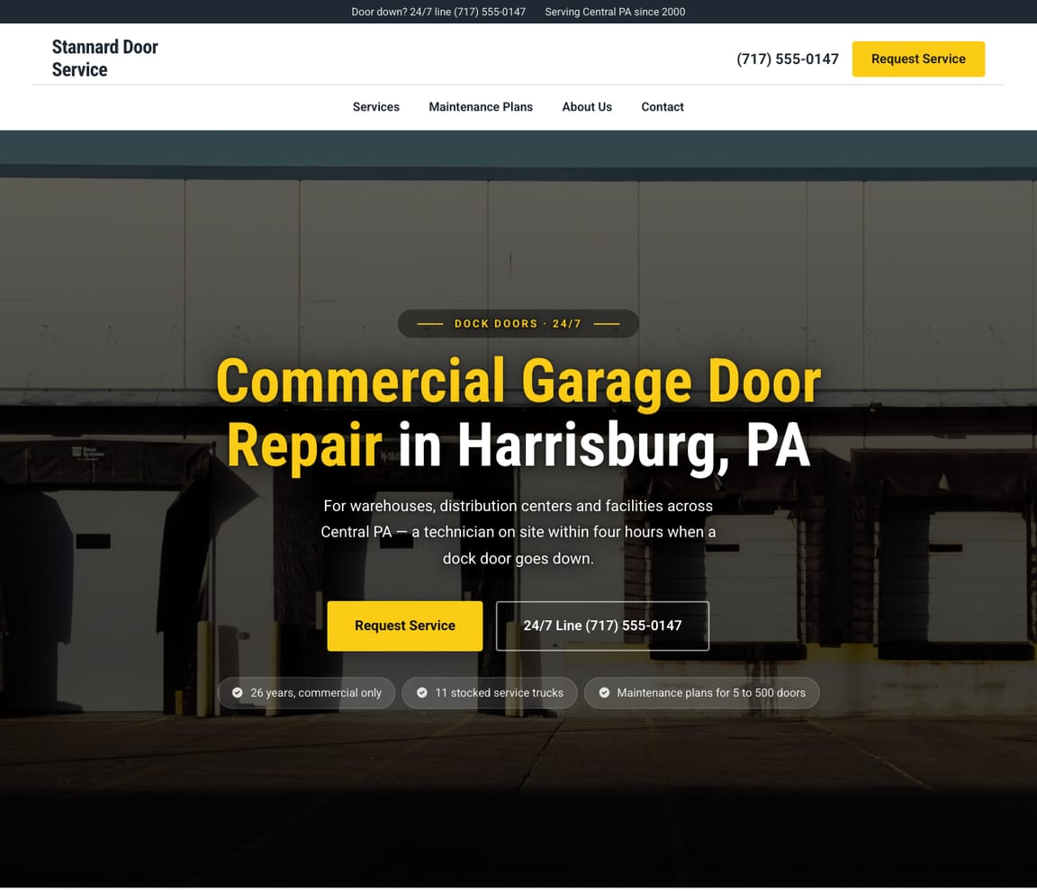 Home page of the Commercial Garage Doors website template