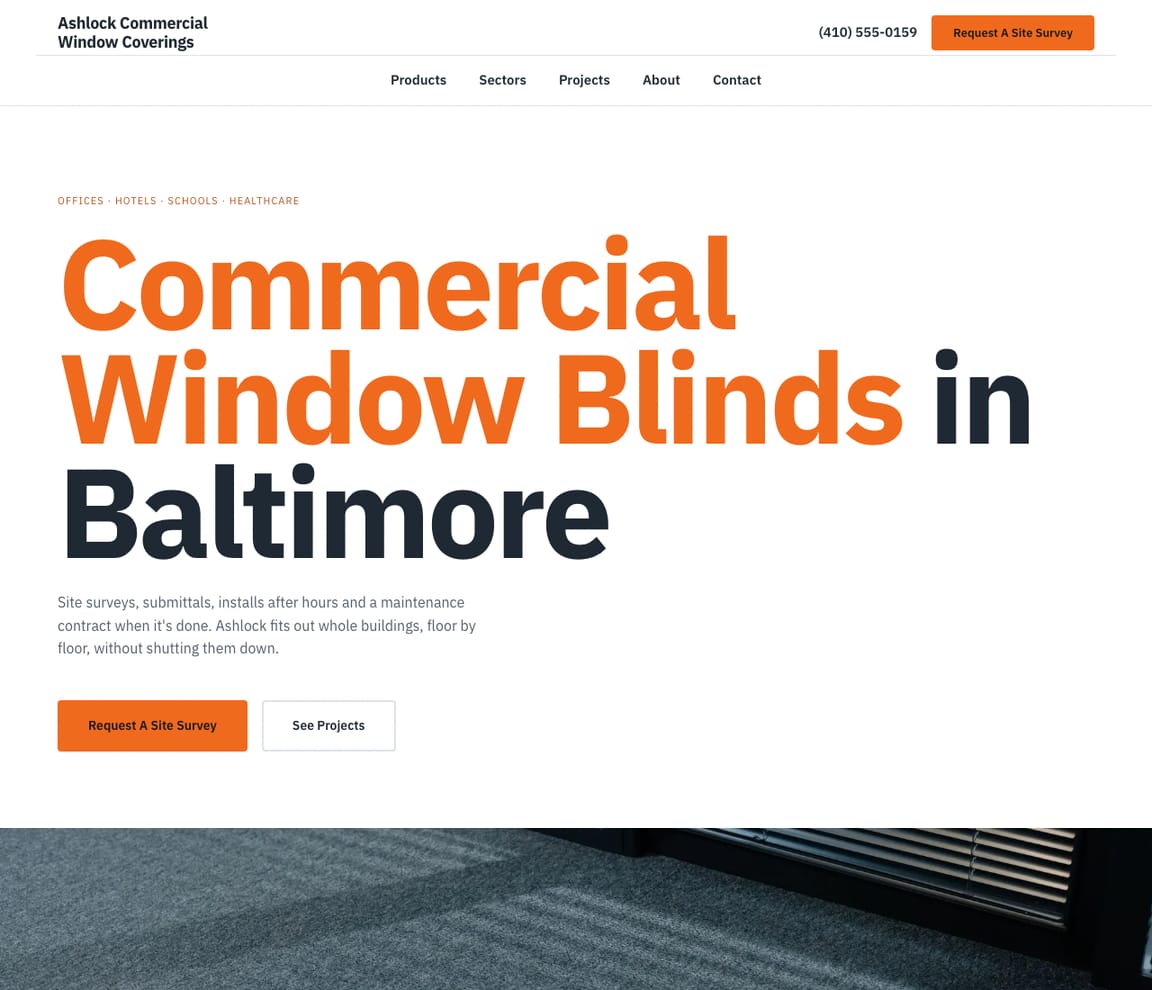 Home page of the Commercial Window Blinds website template, with the headline “Commercial Window Blinds in Baltimore”