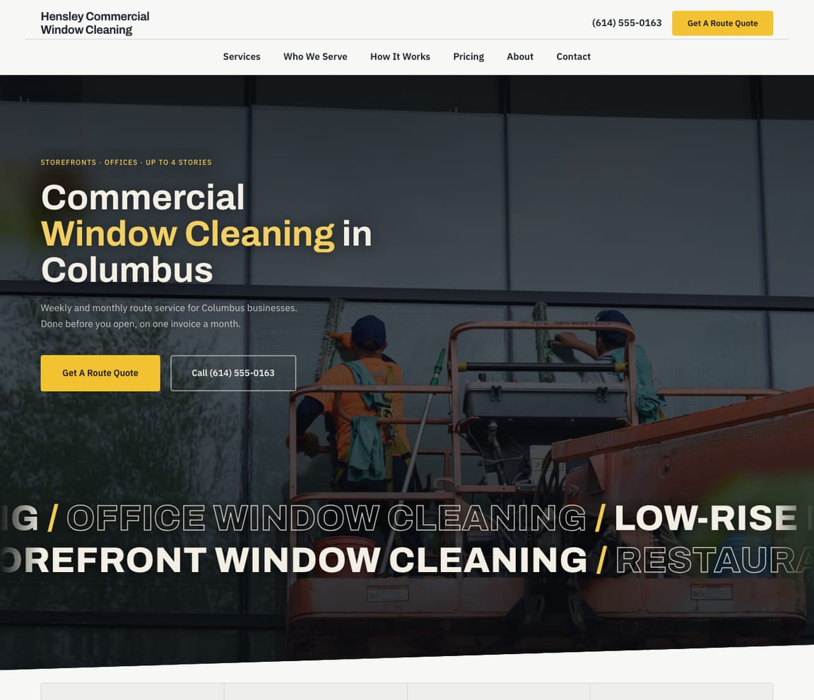 Home page of the Commercial Window Cleaning website template, with the headline “Commercial Window Cleaning in Columbus”
