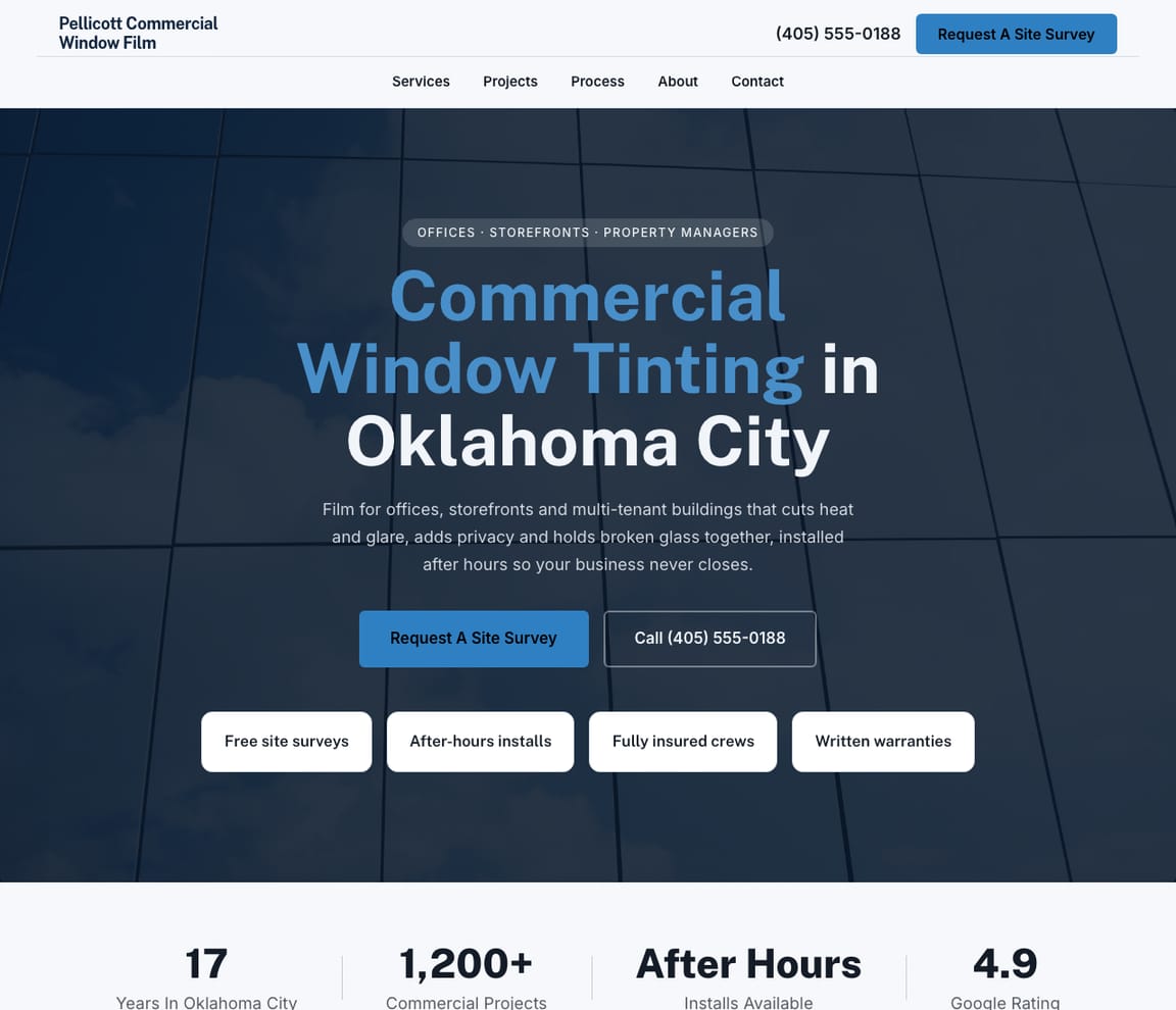 Home page of the Commercial Window Tinting website template, with the headline “Commercial Window Tinting in Oklahoma City”