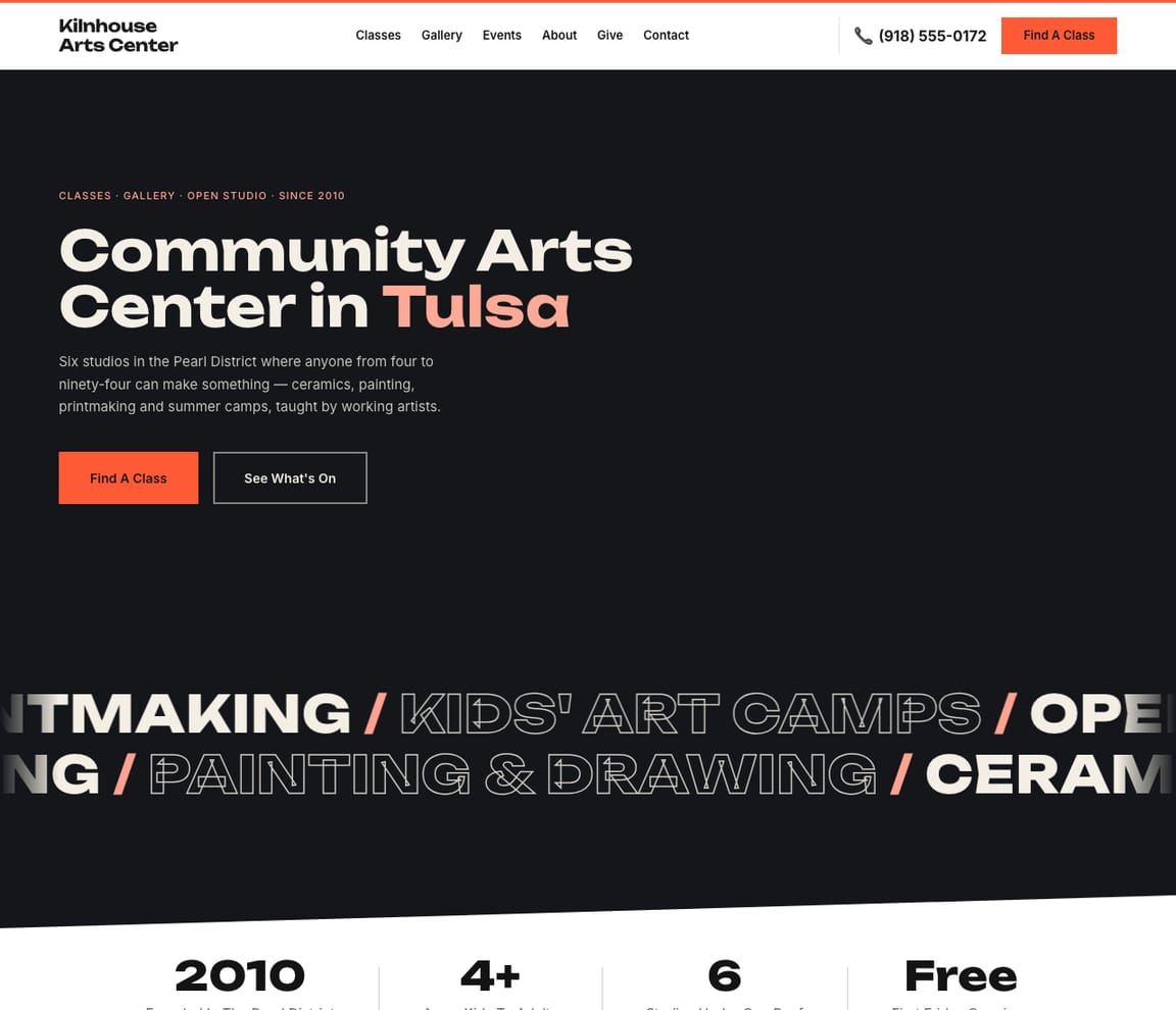 Home page of the Community Arts Center website template, with the headline “Community Arts Center in Tulsa”