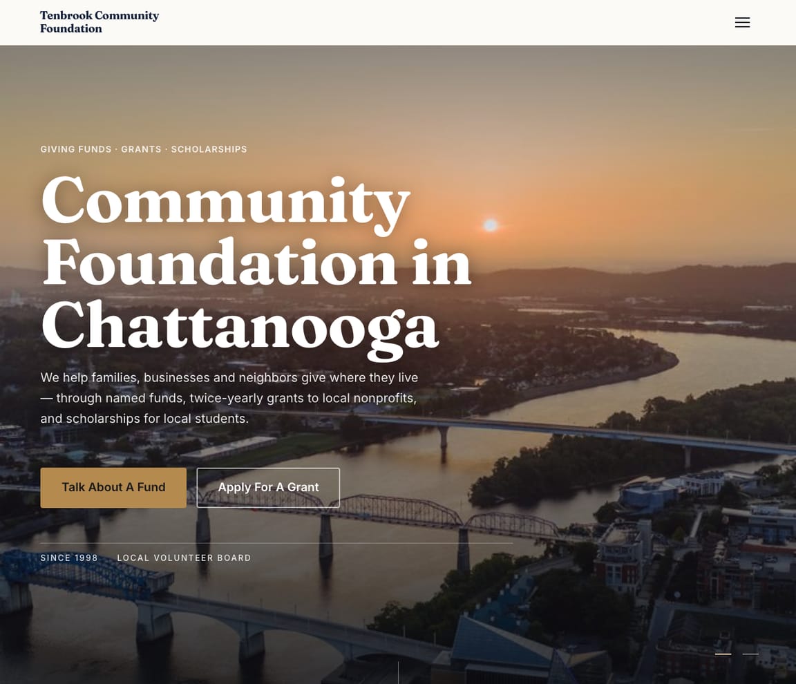 Home page of the Community Foundation website template, with the headline “Community Foundation in Chattanooga”