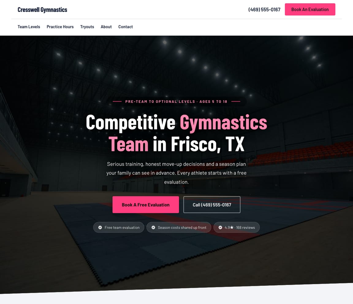 Home page of the Competitive Gymnastics Team website template, with the headline “Competitive Gymnastics Team in Frisco, TX”
