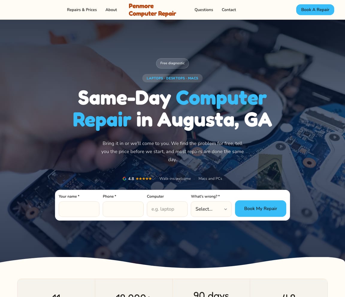 Home page of the Computer Repair Shop website template