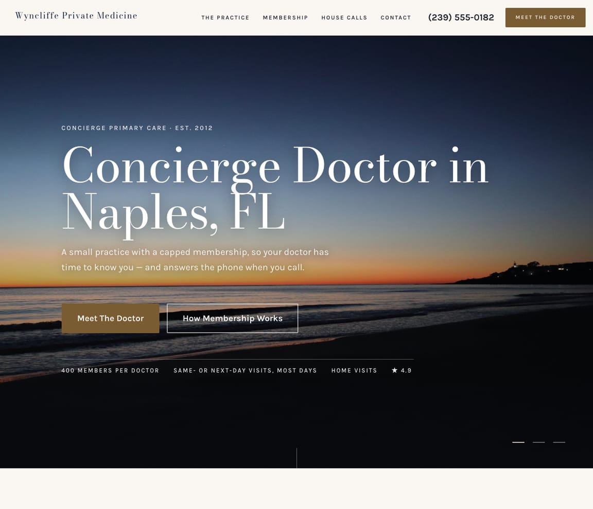 Home page of the Concierge Medicine Practice website template, with the headline “Concierge Doctor in Naples, FL”