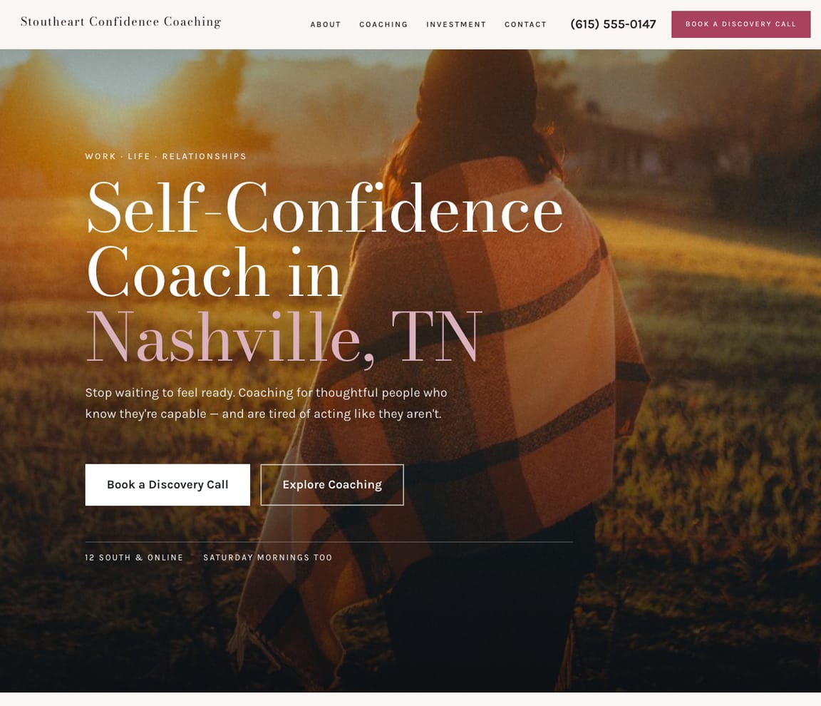 Home page of the Confidence Coach website template, with the headline “Self-Confidence Coach in Nashville, TN”