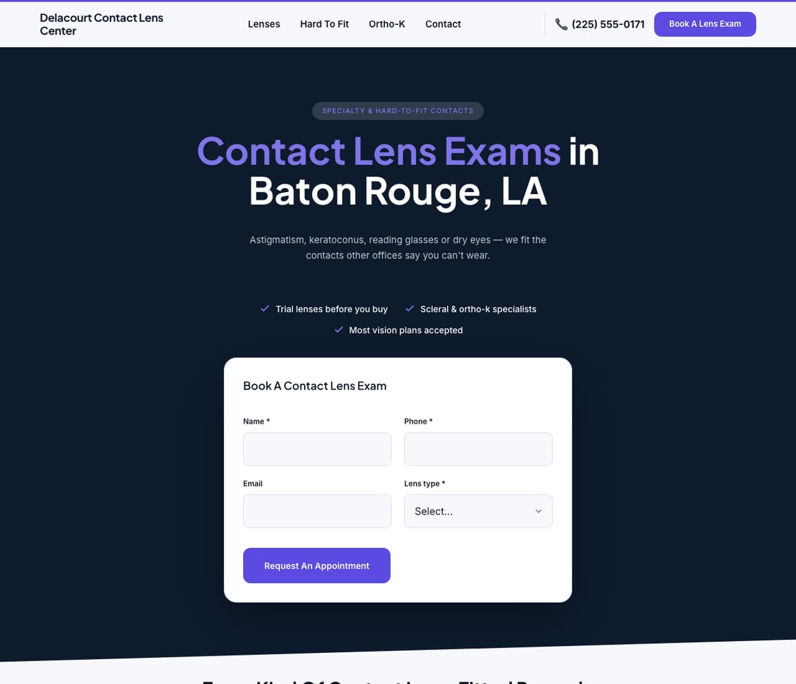 Home page of the Contact Lens Specialist website template, with the headline “Contact Lens Exams in Baton Rouge, LA”
