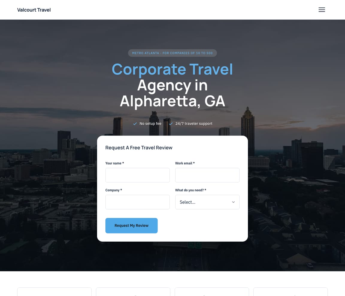 Home page of the Corporate Travel website template, with the headline “Corporate Travel Agency in Alpharetta, GA”