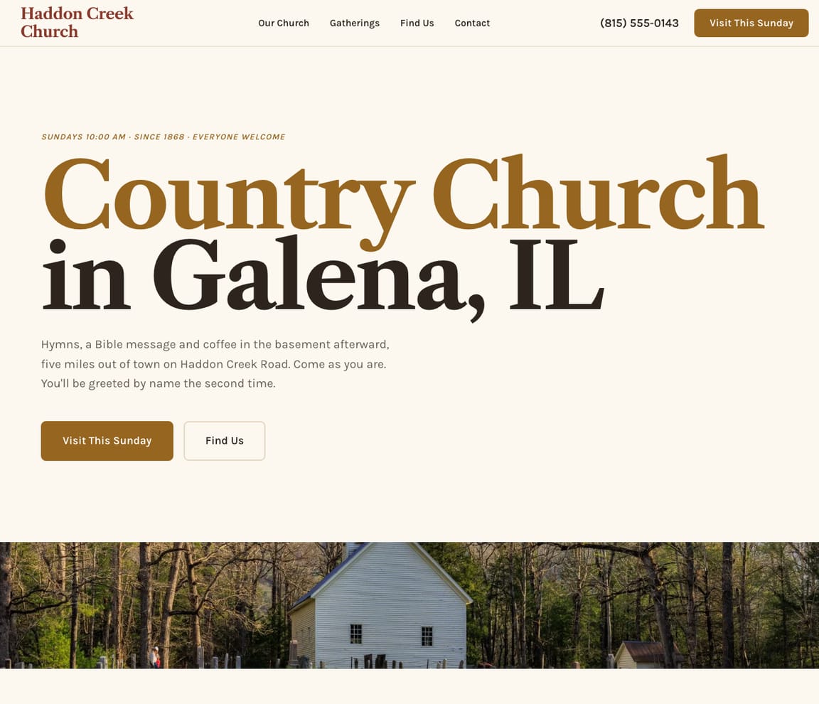 Home page of the Country Church website template, with the headline “Country Church in Galena, IL”