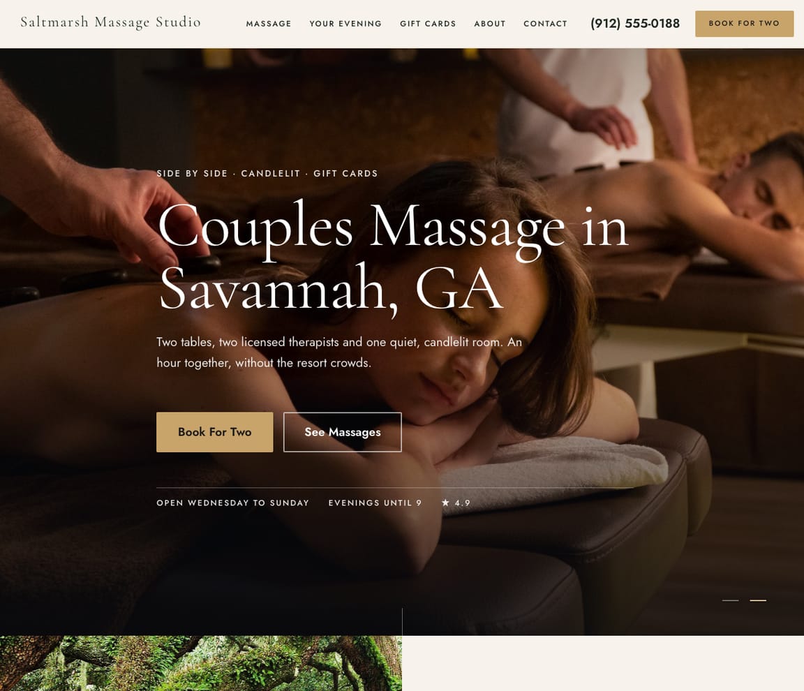 Home page of the Couples Massage Studio website template, with the headline “Couples Massage in Savannah, GA”