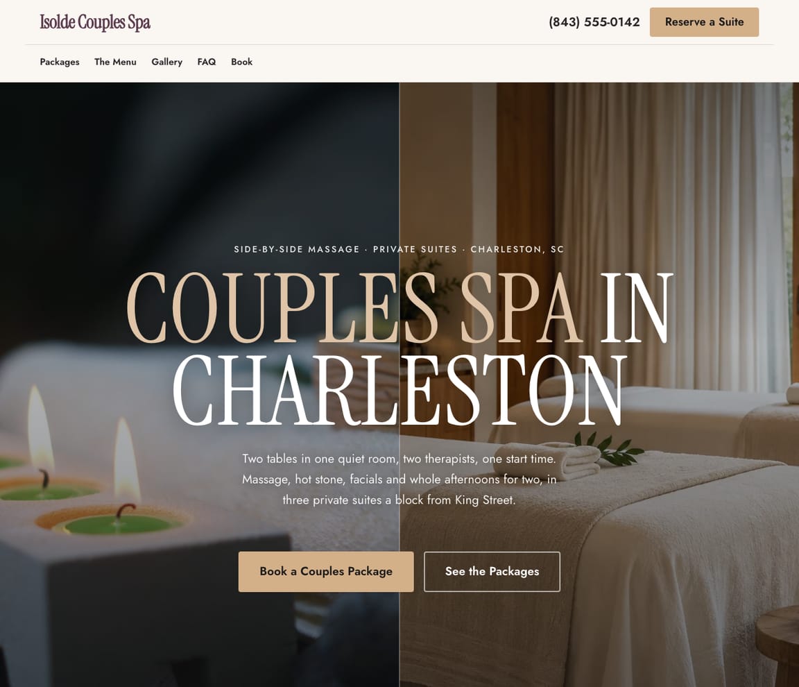 Home page of the Couples Spa website template, with the headline “Couples Spa in Charleston”