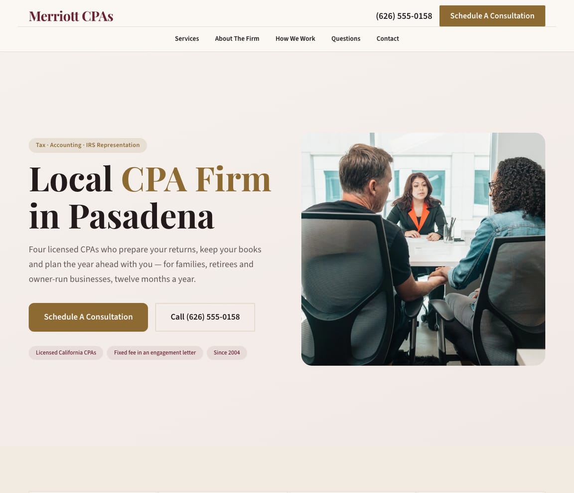 Home page of the Small CPA Firm website template, with the headline “Local CPA Firm in Pasadena”