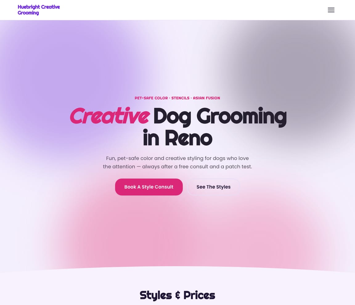 Home page of the Creative Dog Grooming website template, with the headline “Creative Dog Grooming in Reno”