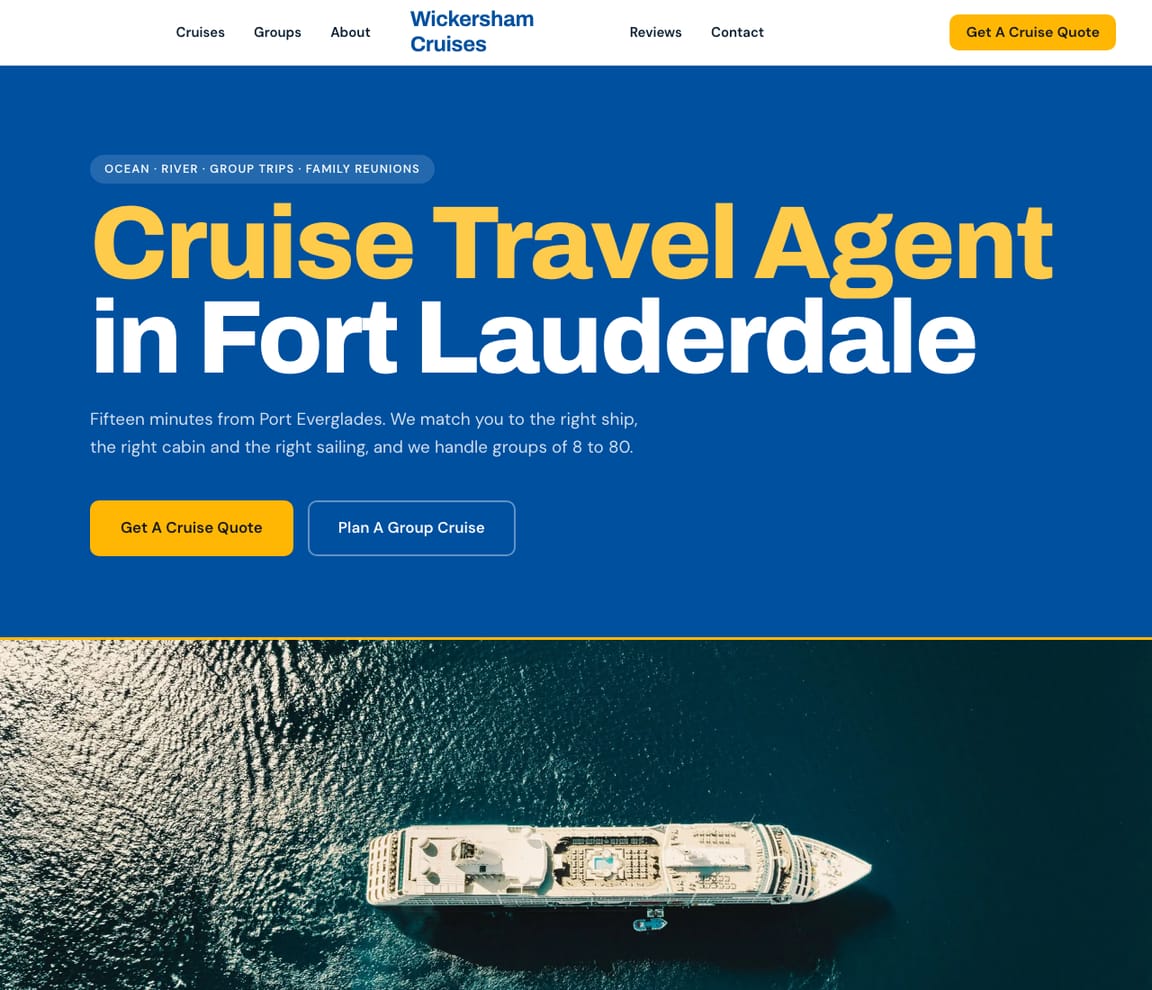 Home page of the Cruise & Group Travel website template, with the headline “Cruise Travel Agent in Fort Lauderdale”