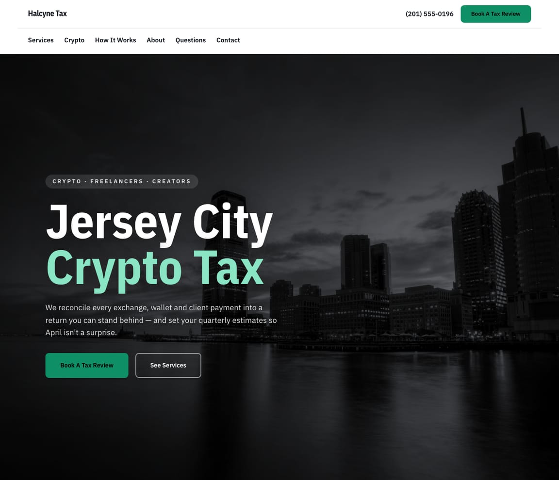 Home page of the Crypto & Freelancer Tax website template, with the headline “Jersey City Crypto Tax”