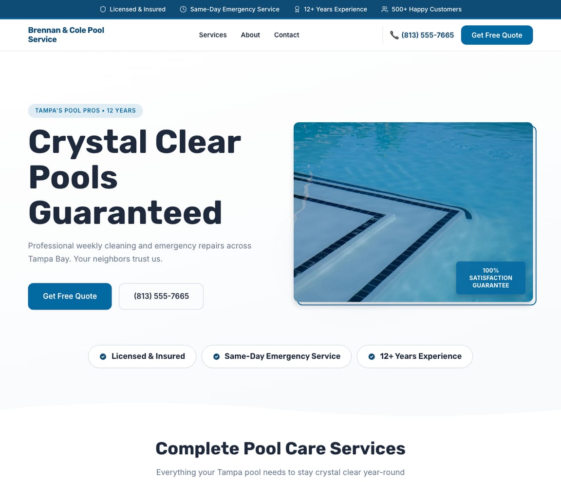 Pool Service website template preview