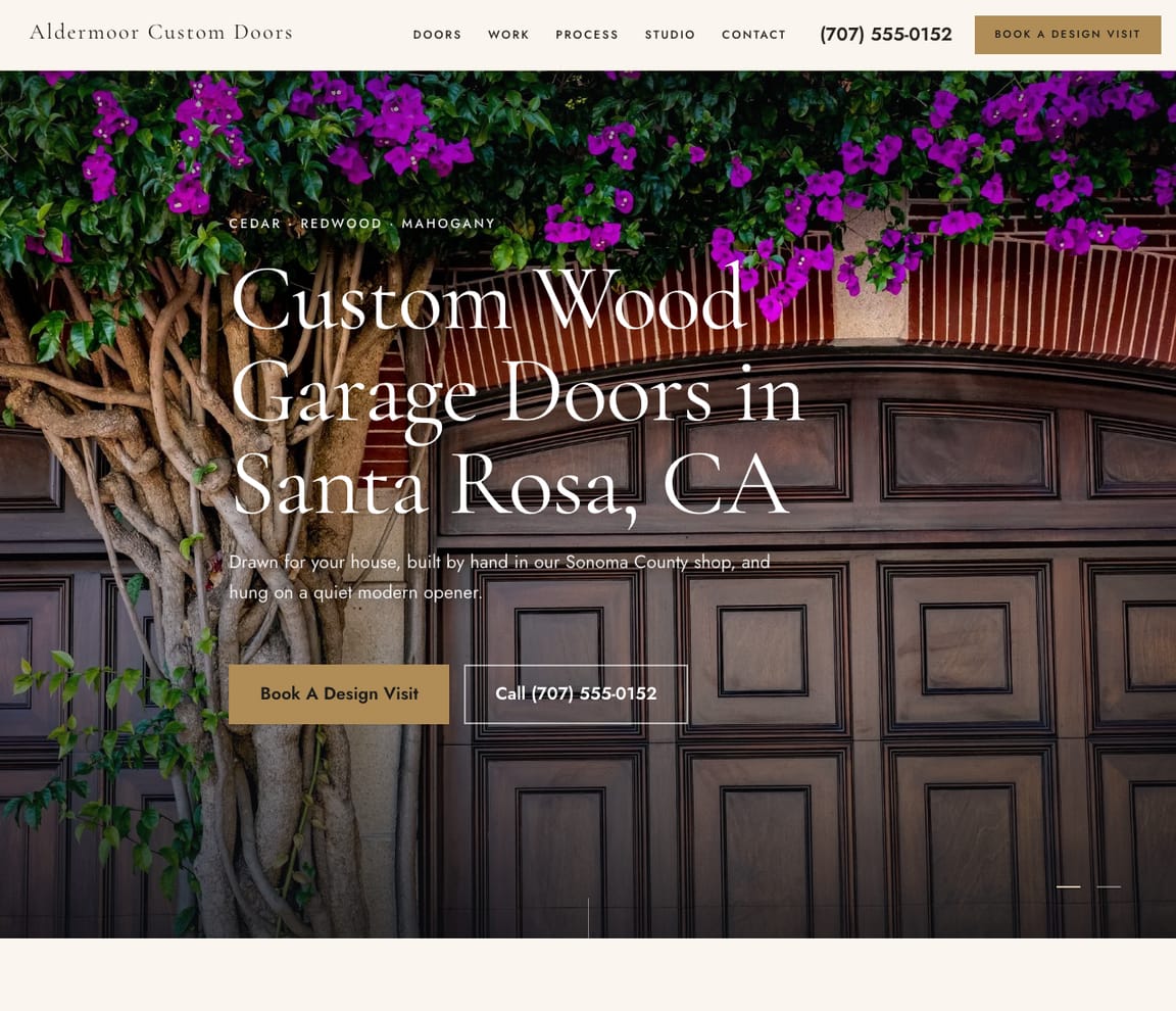 Home page of the Custom Garage Doors website template, with the headline “Custom Wood Garage Doors in Santa Rosa, CA”