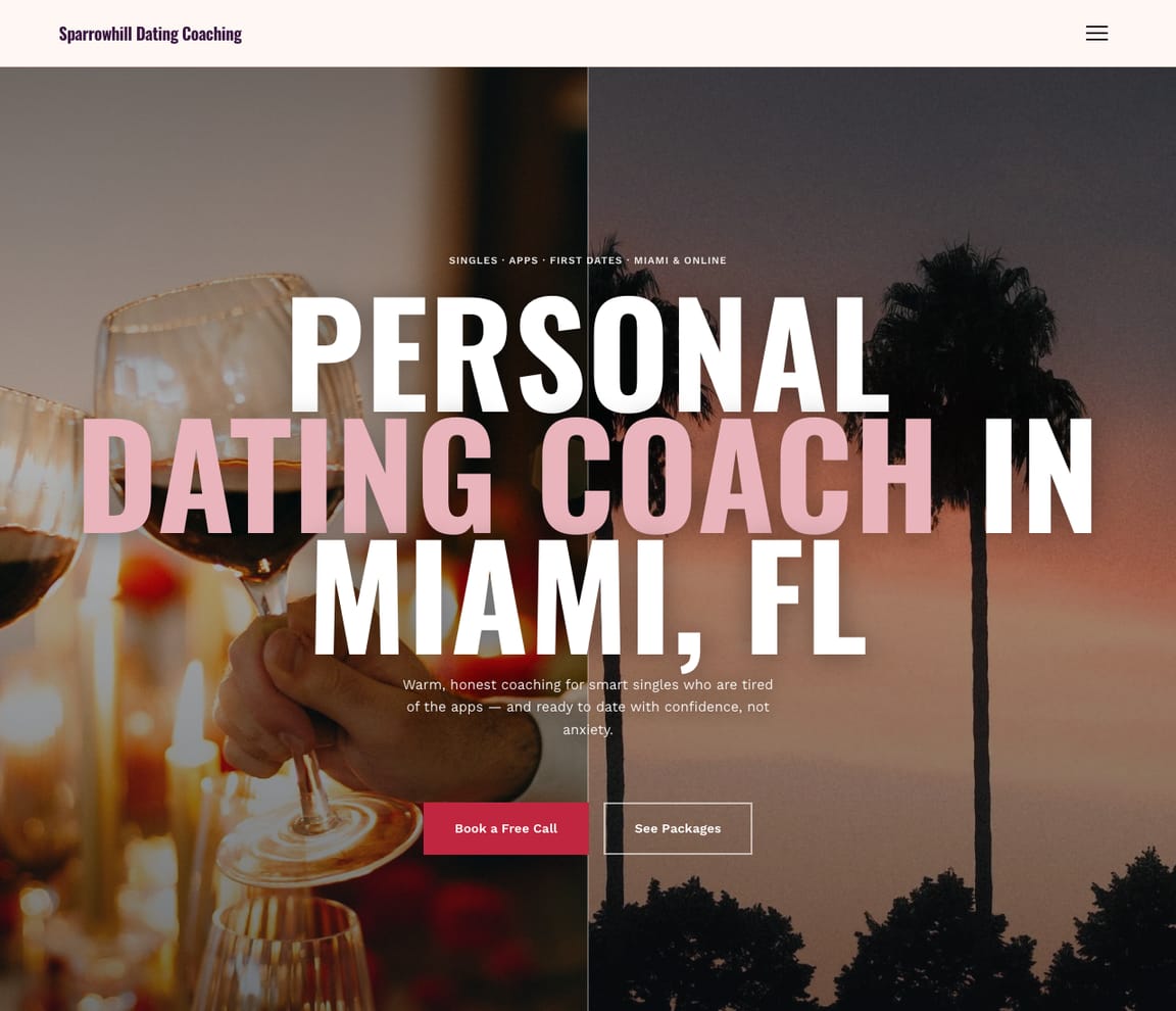 Home page of the Dating Coach website template, with the headline “Personal Dating Coach in Miami, FL”