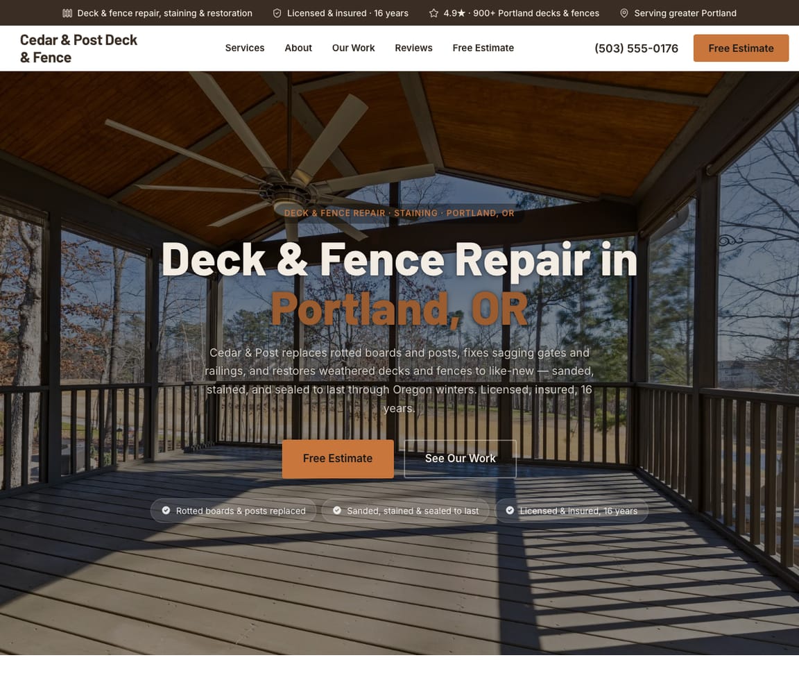 Deck & Fence Repair website template preview