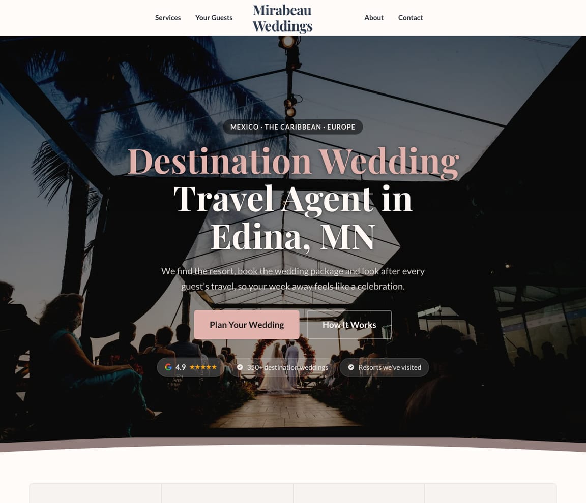 Home page of the Destination Wedding Travel website template, headline “Destination Wedding Travel Agent in Edina, MN”