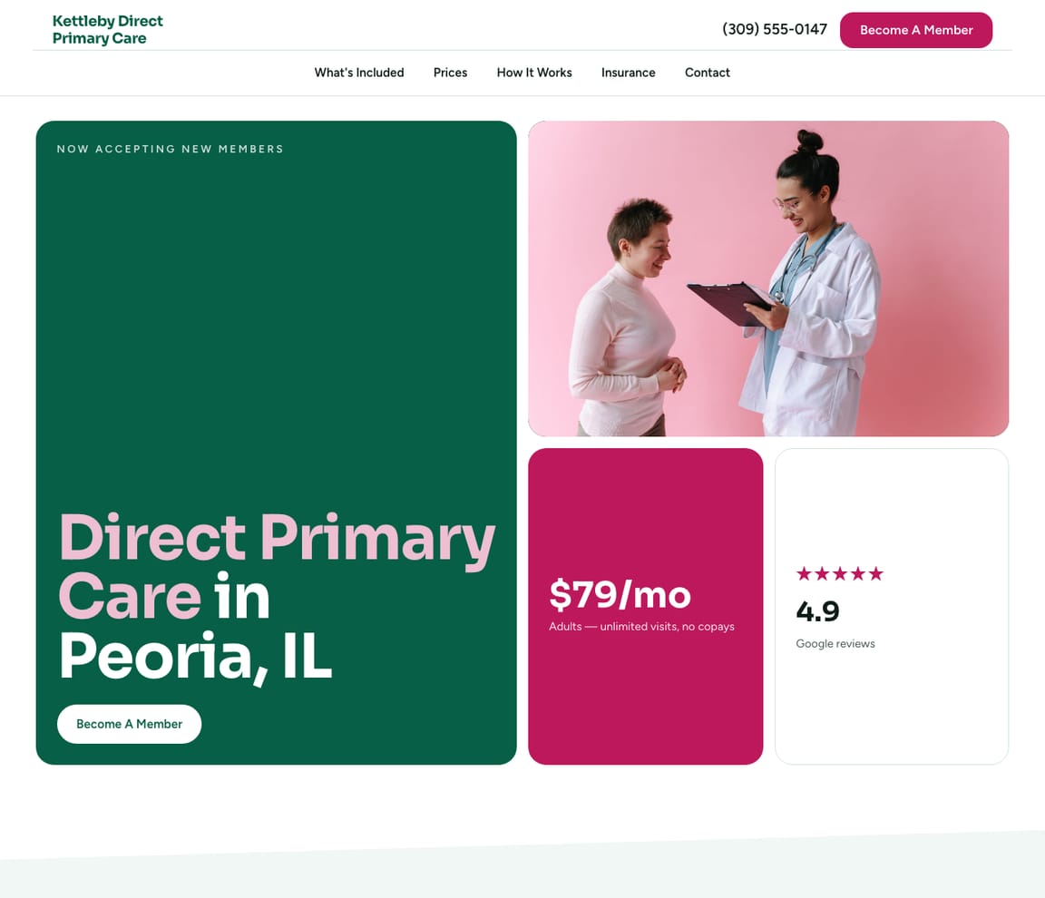 Home page of the Direct Primary Care Practice website template, with the headline “Direct Primary Care in Peoria, IL”