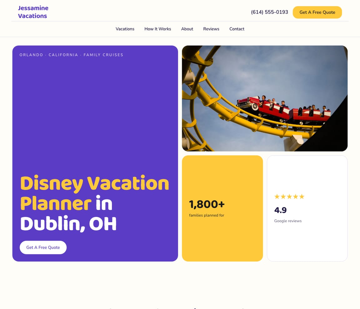 Home page of the Disney Vacation Planner website template, headline “Disney Vacation Planner in Dublin, OH”