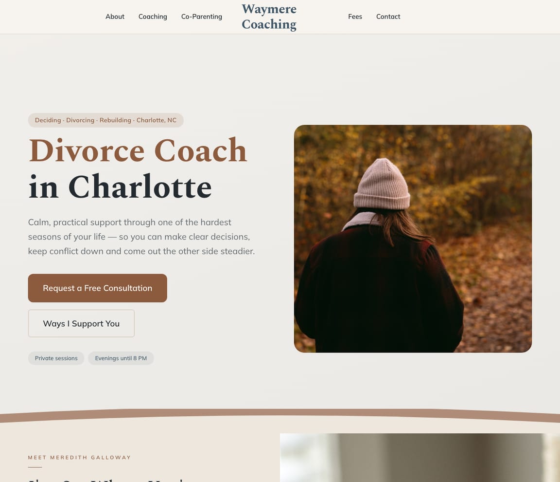 Home page of the Divorce Coach website template, with the headline “Divorce Coach in Charlotte”