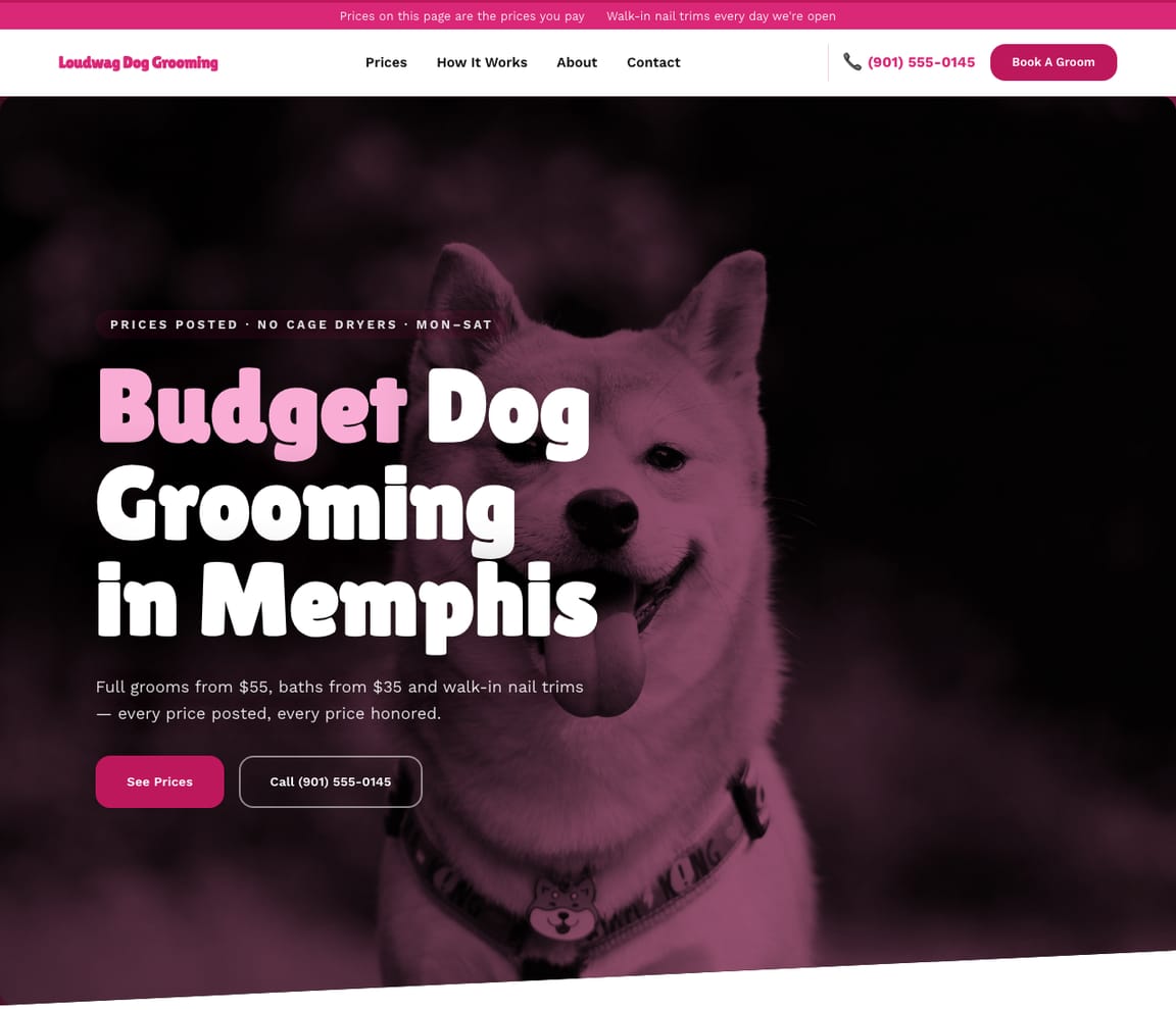 Home page of the Dog Groomer — Bold website template, with the headline “Budget Dog Grooming in Memphis”