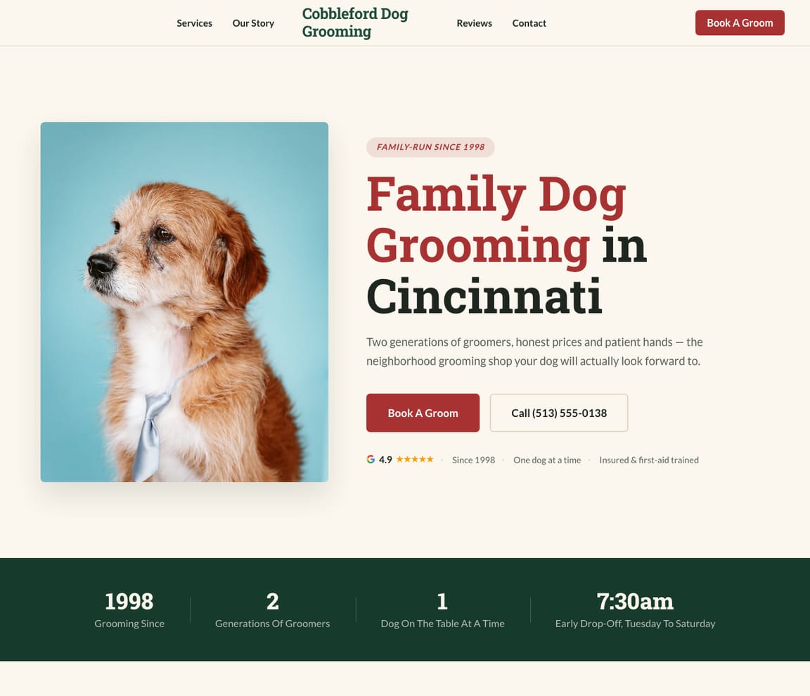 Home page of the Dog Groomer — Classic website template, with the headline “Family Dog Grooming in Cincinnati”