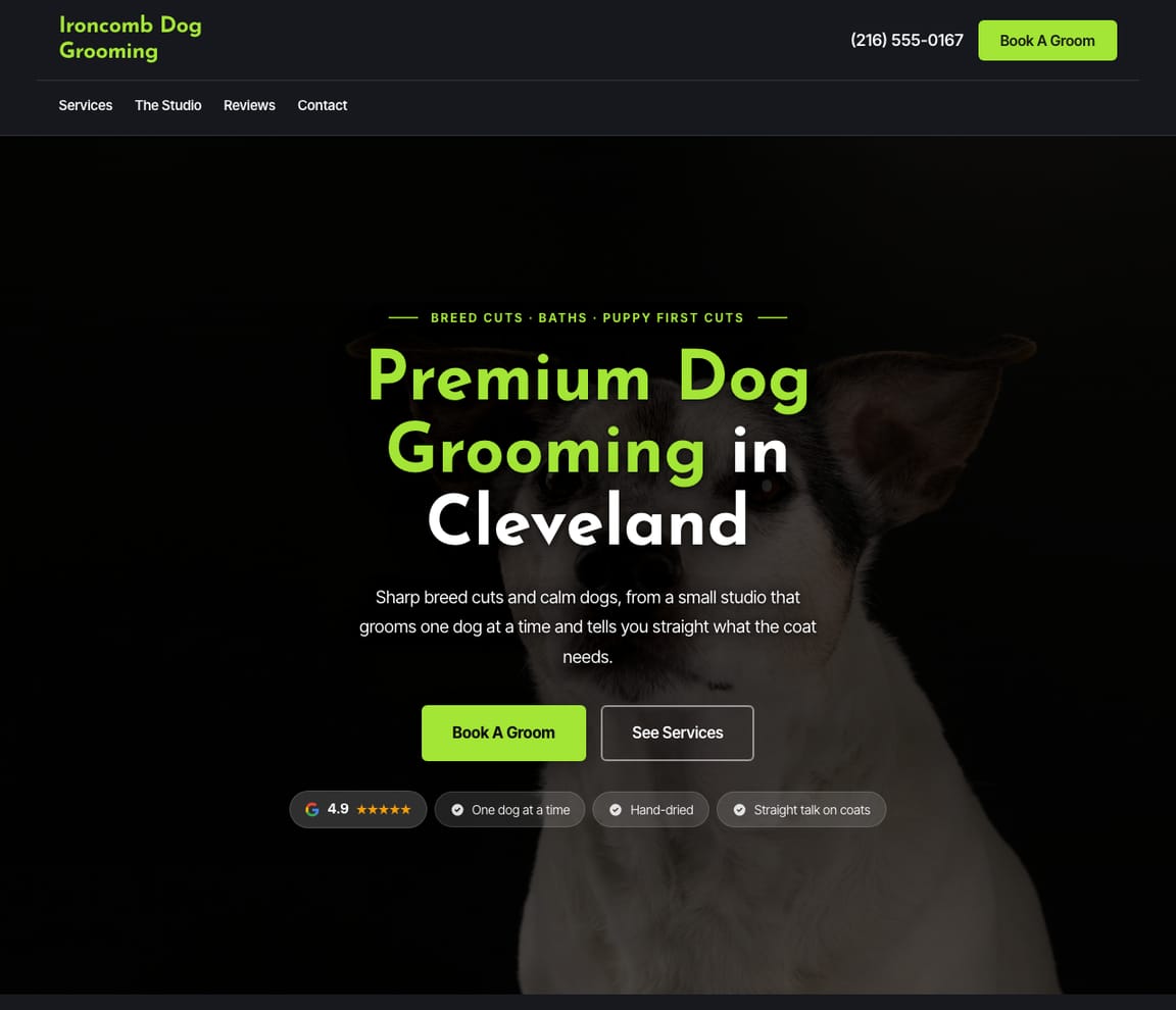Home page of the Dog Groomer — Dark website template, with the headline “Premium Dog Grooming in Cleveland”
