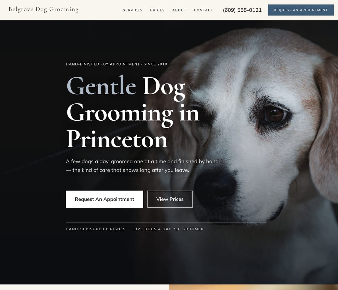 Home page of the Dog Groomer — Elegant website template, with the headline “Gentle Dog Grooming in Princeton”