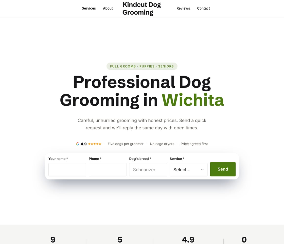 Home page of the Dog Groomer — Minimal website template, with the headline “Professional Dog Grooming in Wichita”