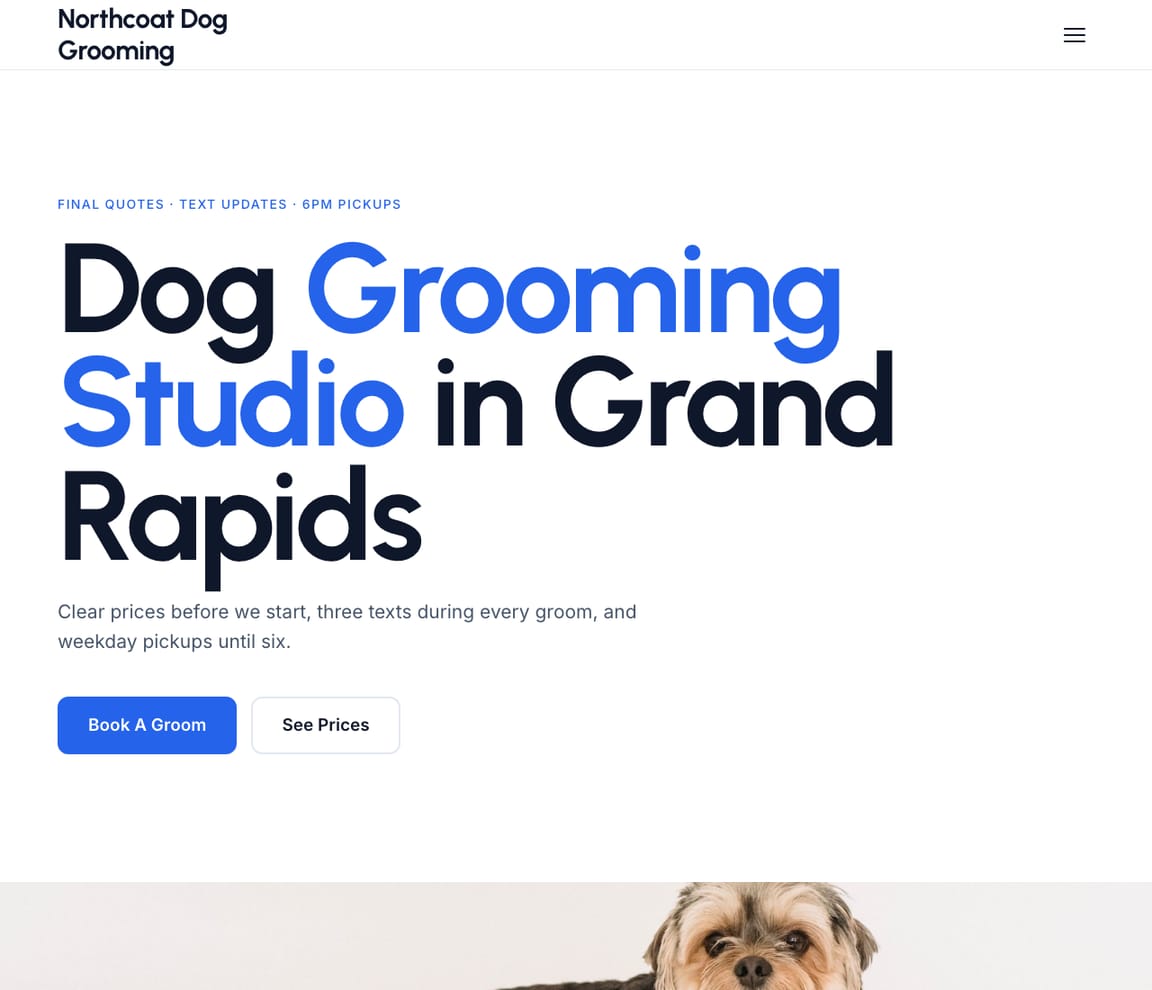 Home page of the Dog Groomer — Modern website template, with the headline “Dog Grooming Studio in Grand Rapids”