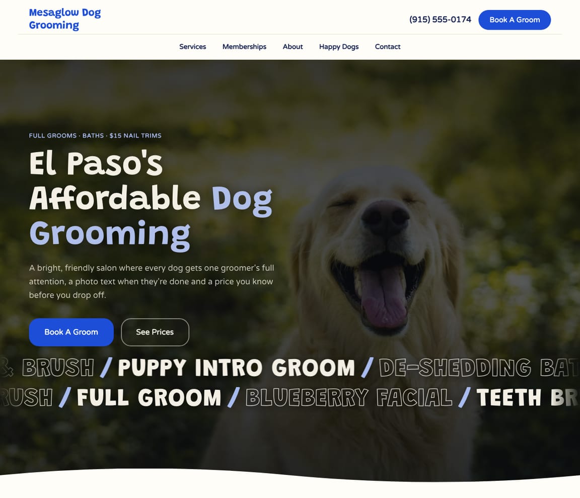 Home page of the Dog Groomer — Playful website template, with the headline “El Paso's Affordable Dog Grooming”