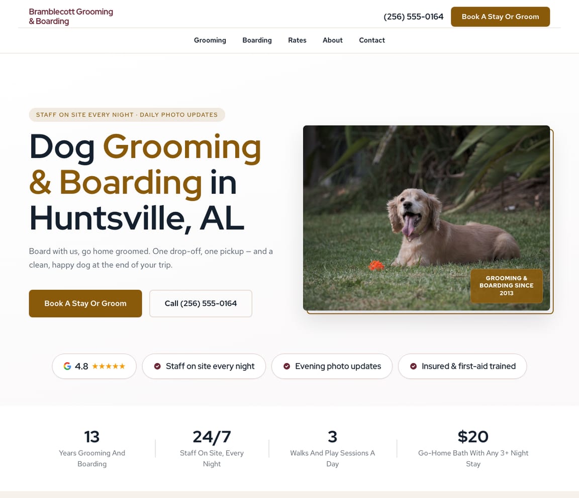 Home page of the Dog Grooming & Boarding website template, with the headline “Dog Grooming & Boarding in Huntsville, AL”