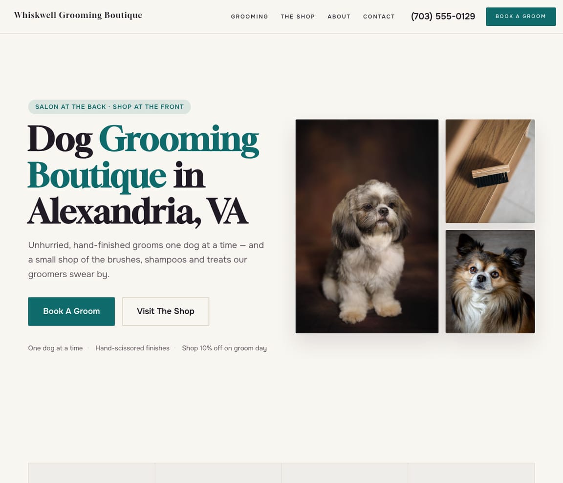 Home page of the Dog Grooming Boutique website template, with the headline “Dog Grooming Boutique in Alexandria, VA”