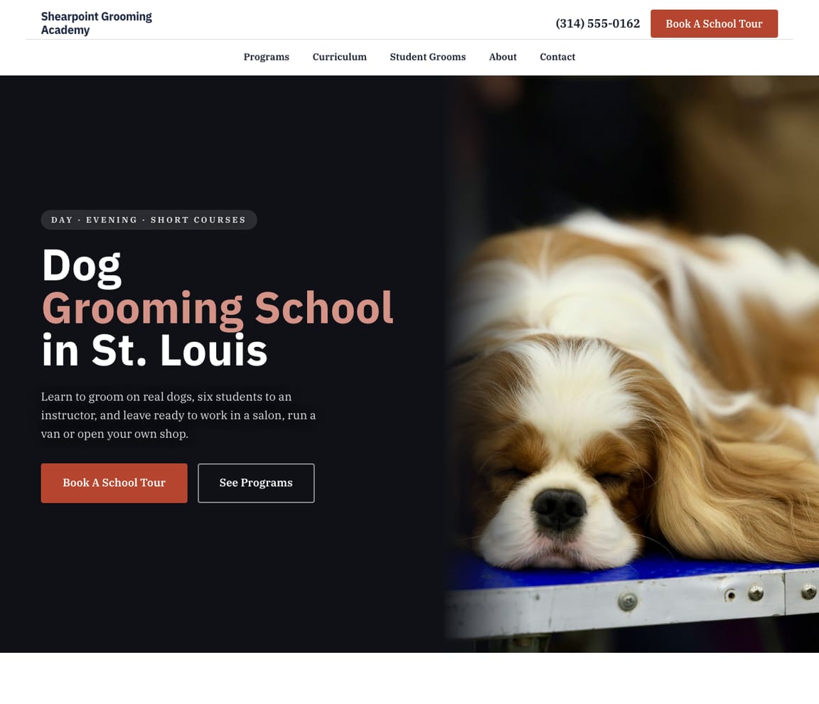 Home page of the Dog Grooming School website template, with the headline “Dog Grooming School in St. Louis”