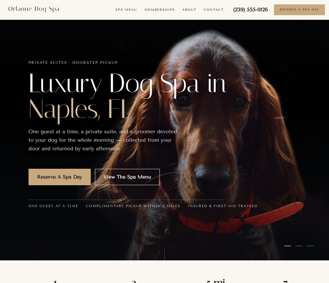 Home page of the Dog Spa website template, with the headline “Luxury Dog Spa in Naples, FL”