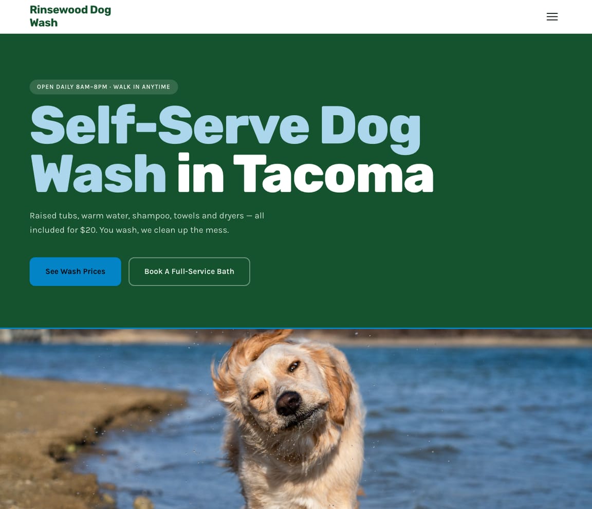 Home page of the Dog Wash website template, with the headline “Self-Serve Dog Wash in Tacoma”