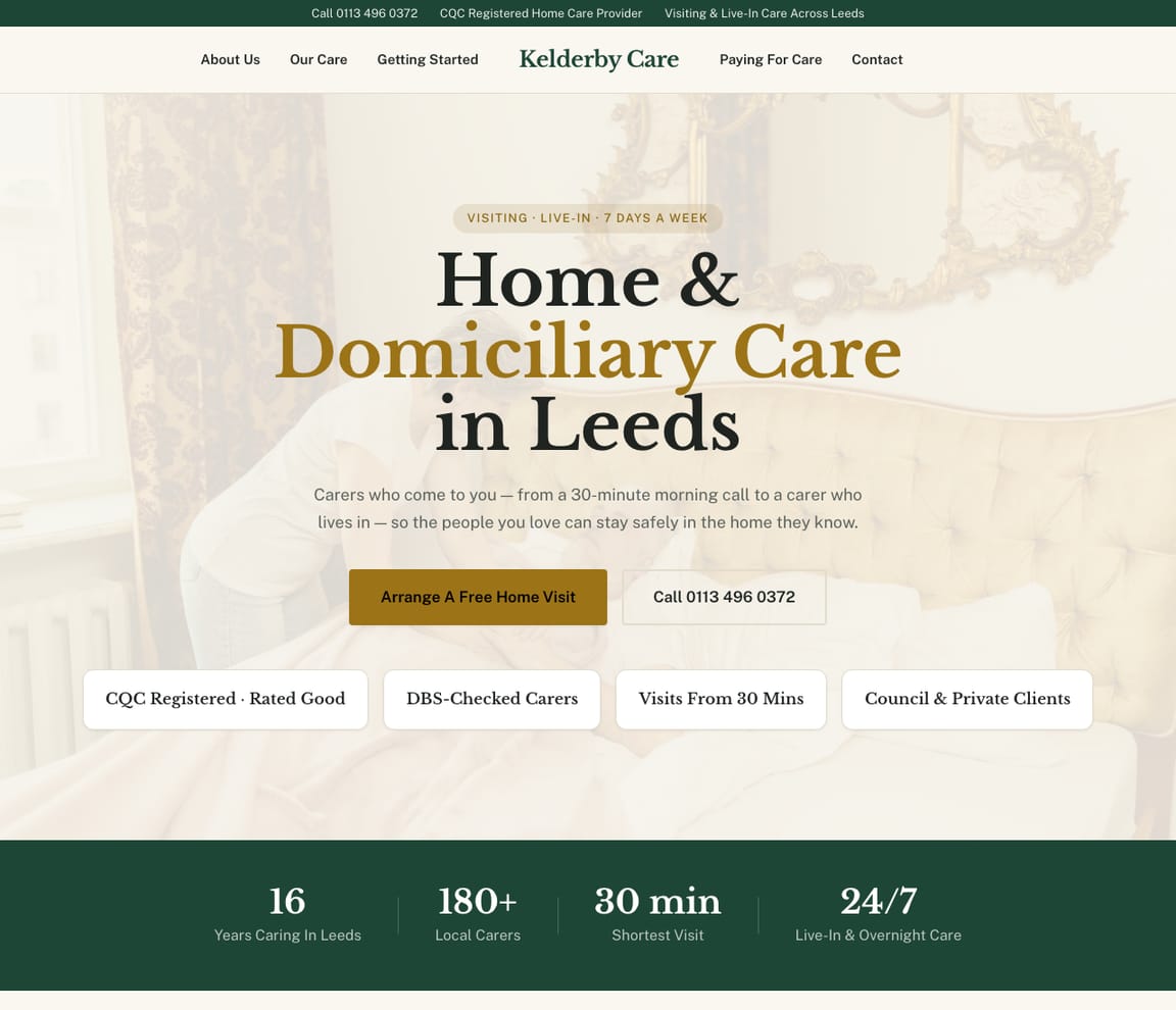 Home page of the Domiciliary Care (UK) website template, with the headline “Home & Domiciliary Care in Leeds”