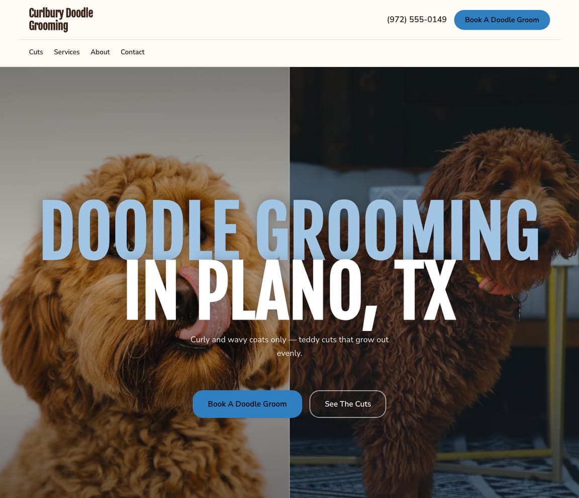 Home page of the Doodle Groomer website template, with the headline “Doodle Grooming in Plano, TX”