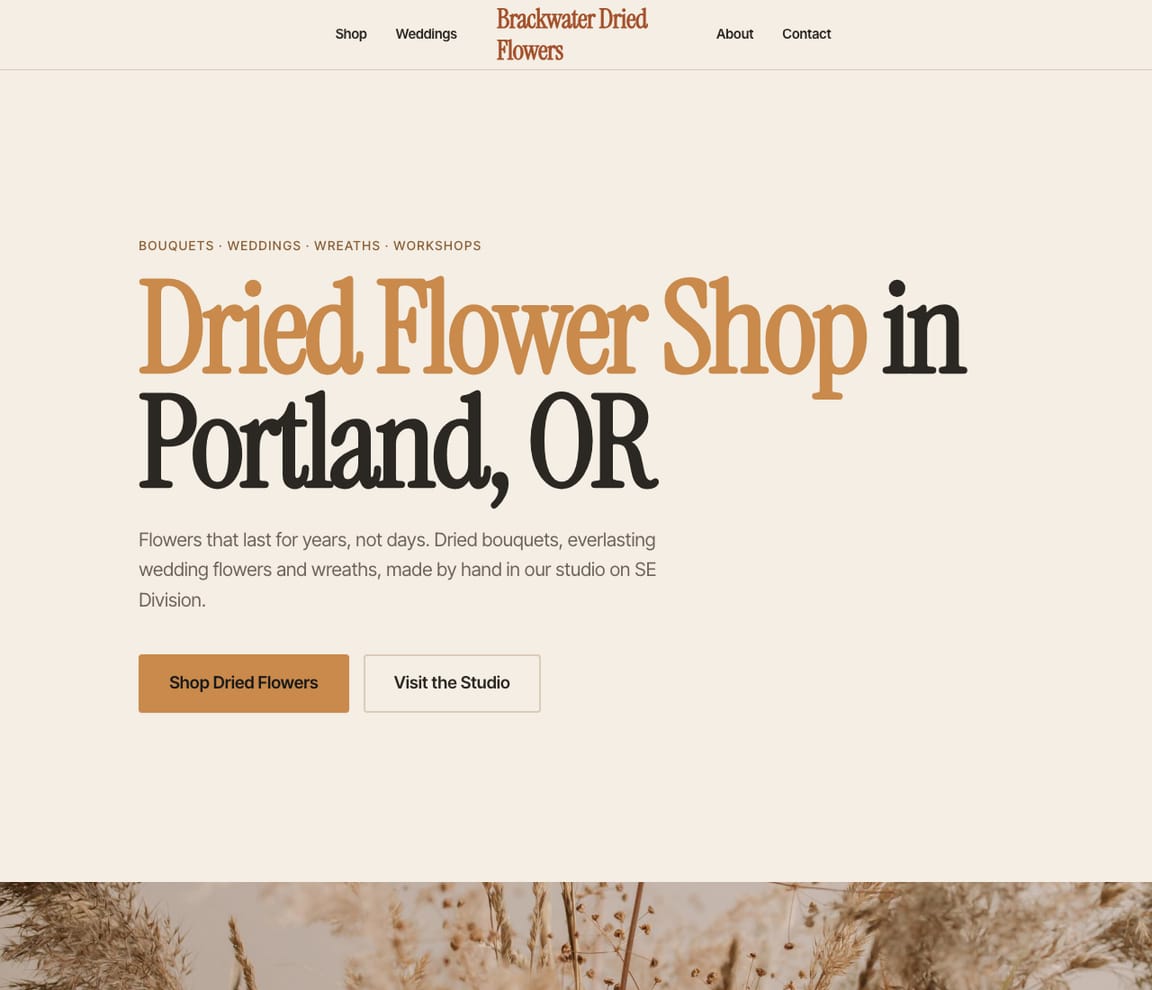 Home page of the Dried Flower Shop website template, with the headline “Dried Flower Shop in Portland, OR”