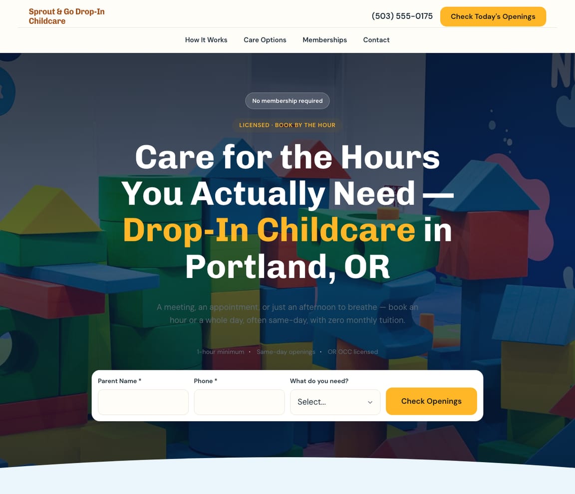 Drop-In / Hourly Childcare website template preview