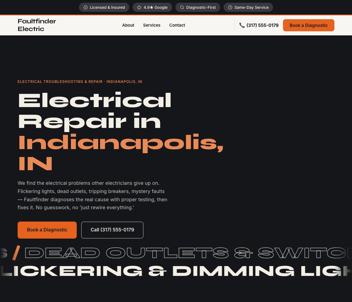 Electrician - Troubleshooting website template preview